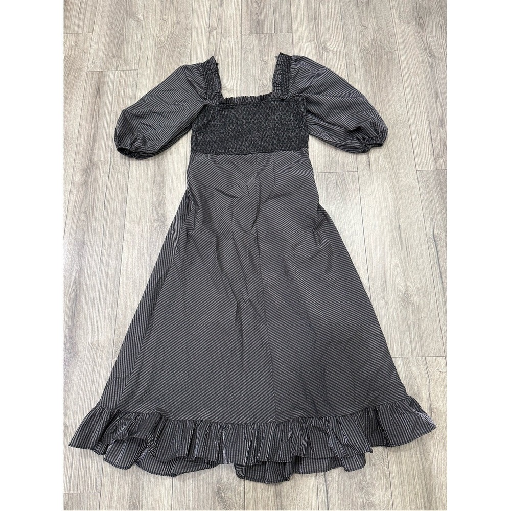 NWT Ganni Seersucker Striped Smocked Square Neck Balloon Sleeve Midi Dress Sz 42